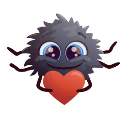 Happy cartoon spider with heart. Smiling anthropomorphic face. Vector illustration.