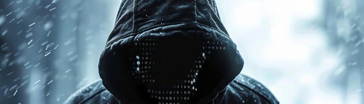 Mysterious hooded figure with binary code overlay, representing a hacker