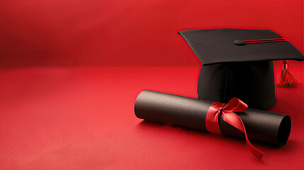 Black graduation cap and diploma on a red background