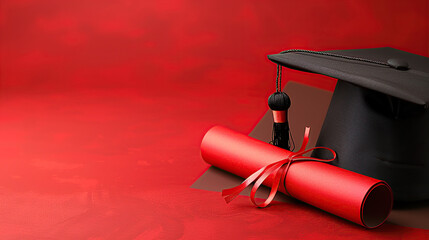 Black graduation cap and diploma on a red background