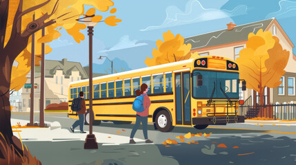 Obraz premium Students Boarding School Bus in Autumn