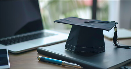 Black graduation cap on the table with laptop and pen. Concept of online education