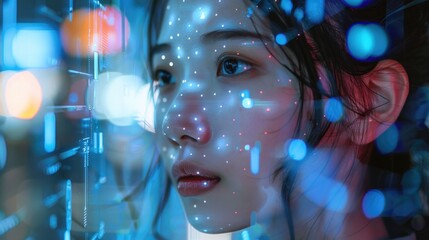 A woman looks directly at the camera from behind a window