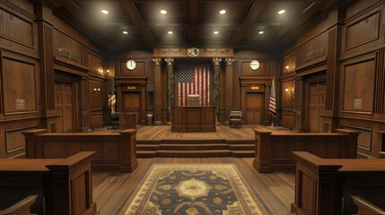 Obraz premium Elegant Wooden Courtroom with American Flag and Ornate Details, Illuminated by Soft Lighting