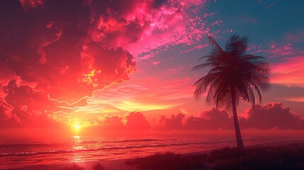 Obraz premium Tropical Backdrop: Pink and Orange Sunset Sky with Palm Tree Silhouette for Vacation Marketing