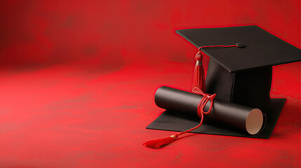 Black graduation cap and diploma on a red background
