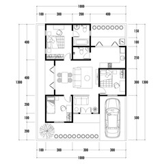 Floor plan blueprint type 96 sqm, Figure of the jotting sketch of the construction and the industrial skeleton of the structure and dimensions.