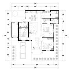 Floor plan blueprint type 96 sqm, Figure of the jotting sketch of the construction and the industrial skeleton of the structure and dimensions.