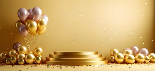 Podium birthday gold balloon and background, product golden stand platform winner stage with confetti party pedestal podium display anniversary scene premium award card banner.