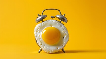 Fried egg sunny side on a vintage alarm clock on yellow background, surreal photo collage. Breakfast time concept. 