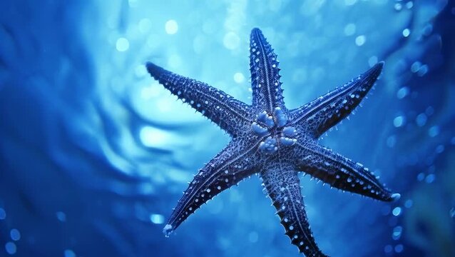 A close-up view of a starfish floating gracefully in the deep blue ocean. The light highlights its textured surface and unique design. The underwater scene exudes a calm and serene mood.