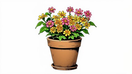 Fototapeta premium Colorful Flowers in a Clay Pot Illustration - Detailed Flower Pot Drawing for Home Decor and Botanical Studies