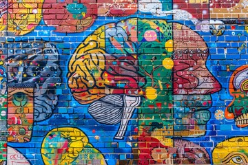 Obraz premium Colorful graffiti mural of a brain on a wall symbolizing creative expression and urban culture in a vibrant and dynamic street art style