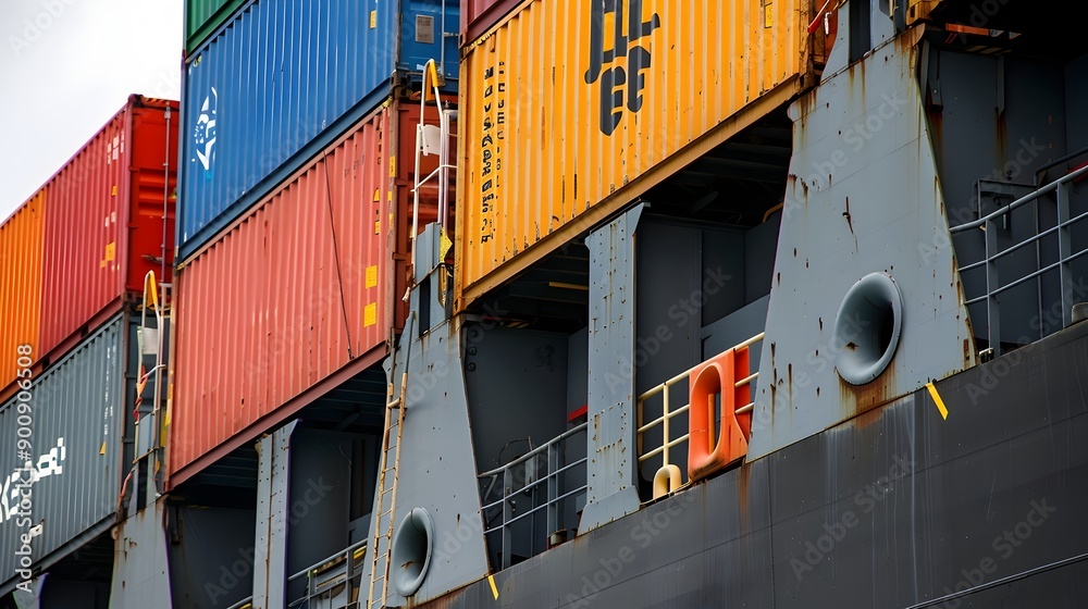 Aufkleber colorful containers stacked on a container ship s hull in close up