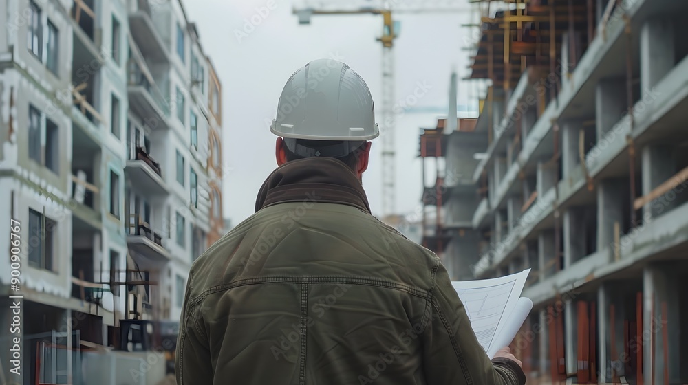 Poster construction site supervision by engineer with blueprints overseeing development project