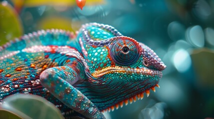 Obraz premium A macro photograph of a chameleon changing color. Vivid skin texture chameleon in tropical foliage.