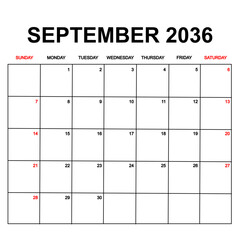 september 2036. Calendar with holydays or red dates. monthly calendar design with week starts on sunday. printable, simple, and clean vector design isolated on white background.