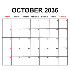 october 2036. Calendar with holydays or red dates. monthly calendar design with week starts on sunday. printable, simple, and clean vector design isolated on white background.