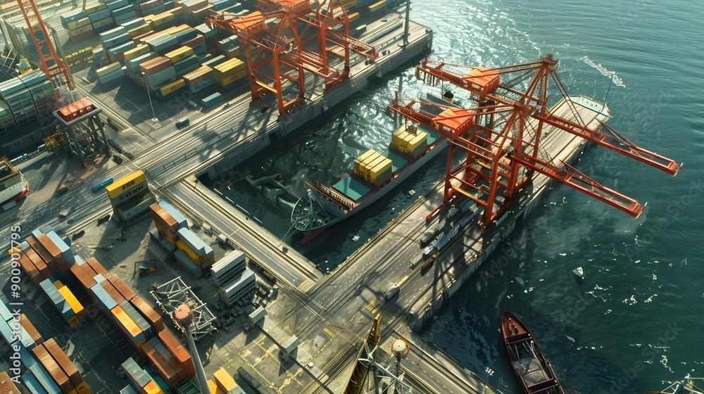 Aufkleber detailed view of thriving port infrastructure with docks cranes and storage areas