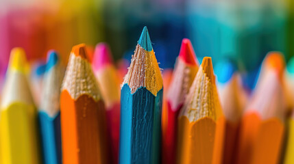 Colorful pencils in focus on a blurred background in a close-up shot