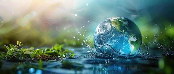 Fototapeta premium Ball shaped earth and blue water , safe nature earth day concept