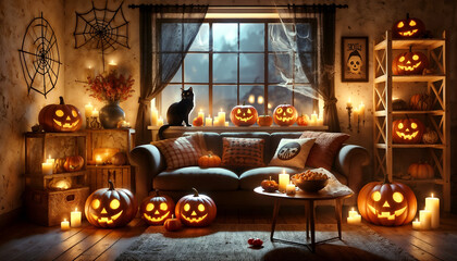 Fototapeta premium Cozy Halloween Interior with Jack-o'-Lanterns and Black Cat, Background, 4k Wallpaper