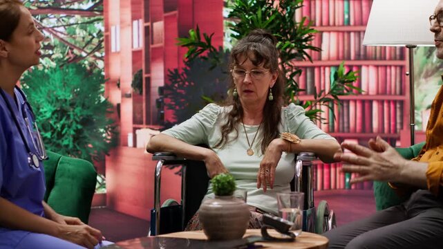 Sick elderly woman with disability fainting next to nurse during checkup at home, worried caretaker consulting the unconscious patient. Senior person hyperventilating. Camera A.