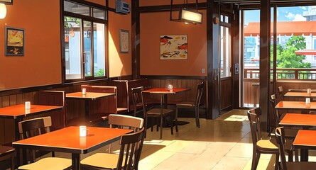 orange theme restaurant interior with tables backgroun background anime cartoon illustration design backdrop copy space
