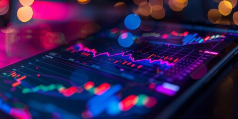 Close-up of a digital stock market graph on a tablet screen, showing real-time trading data and analytics