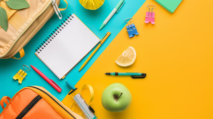 Backpack, Notebook, Pens, Apple, and Classroom Supplies on a Vibrant Background