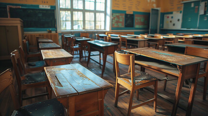 Blurred empty classroom in an elementary school or high school with desks and chairs