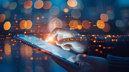 Hand using tablet with digital technology overlay