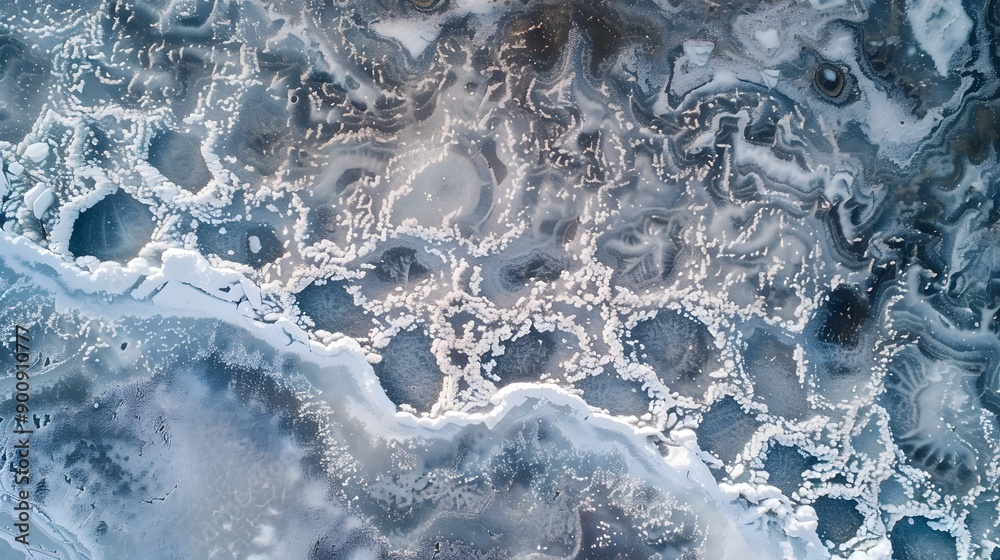 Poster frozen aerial landscape of intricate ice patterns on tranquil lake