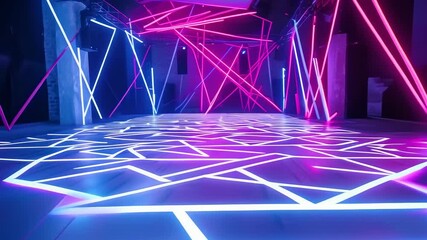 A dynamic art installation with bright neon lights in pink and blue illuminates a dark room. The triangular patterns on the floor and crisscrossing lights create a futuristic atmosphere, likely