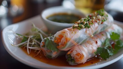 Freshly Prepared Vibrant Thai Spring Rolls with Sweet Chili Dipping Sauce
