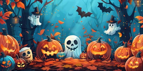 A group of Halloween pumpkins arranged in a forest setting