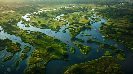 Aerial View of a Winding River Through Lush Green Landscape