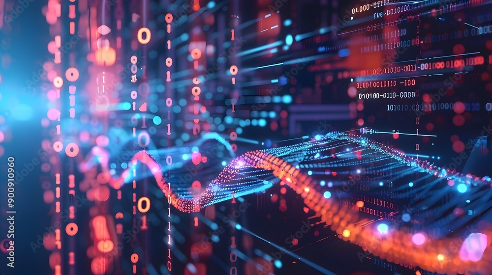 Aufkleber Futuristic Genetic Technology   DNA Strands Intertwined with Binary Code and Digital Elements