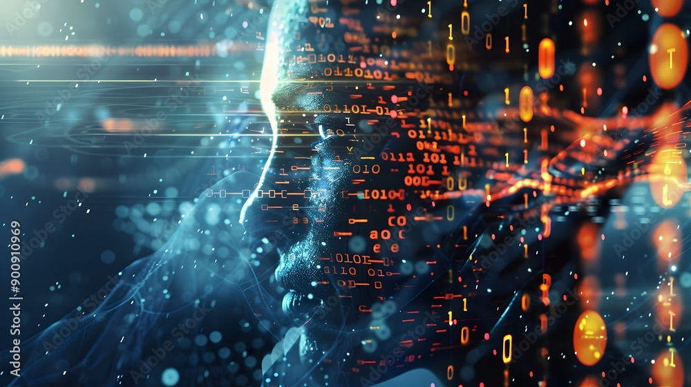 Poster Futuristic Genetic Technology   Human DNA Strands Blending with Binary Code and Futuristic Elements