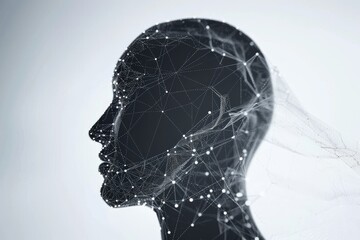 Digital profile of a woman with glowing neural connections symbolizing cognitive processes and creativity in a serene and ethereal style