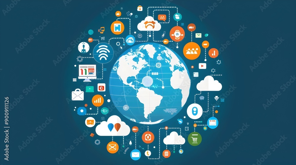 Aufkleber global cloud computing icons representing worldwide connectivity and digital infrastructure