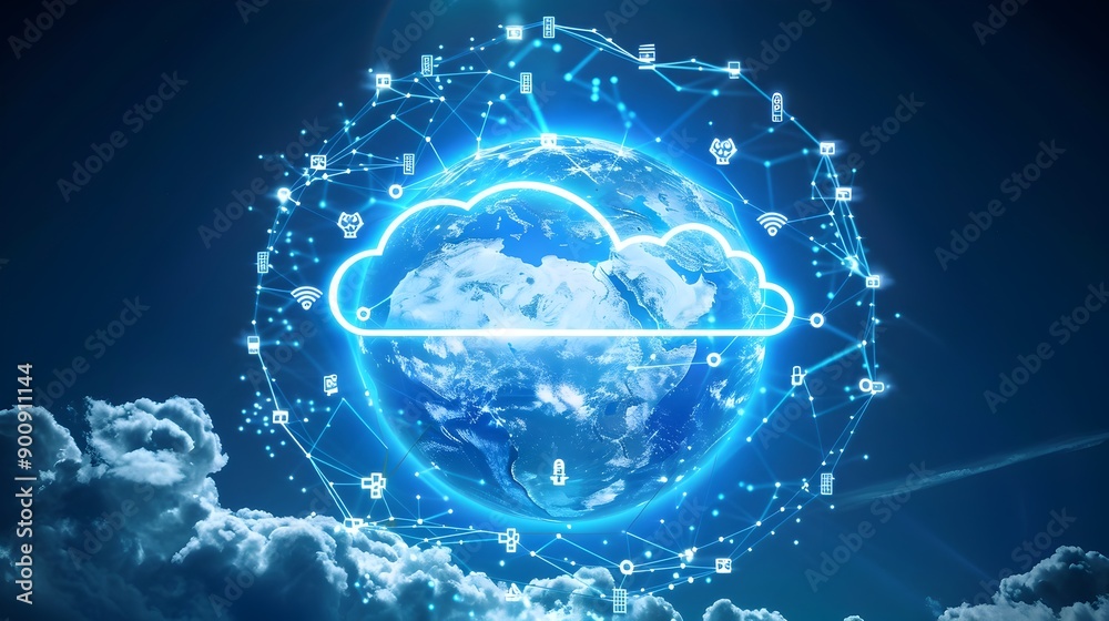 Poster global connectivity with cloud computing symbols on spherical earth