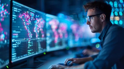 Man Analyzing Data on Multiple Monitors
