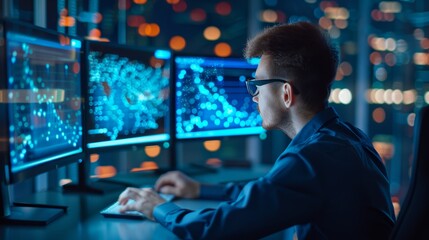 Cybersecurity Specialist Monitoring Data on Multiple Screens