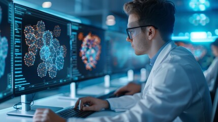 Scientist Analyzing Data on Computer Screens