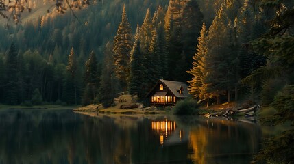 Obraz premium Cabin by the Lake at Sunset