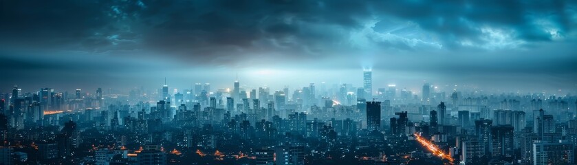 Dramatic Night Cityscape with Illuminated Skyscrapers
