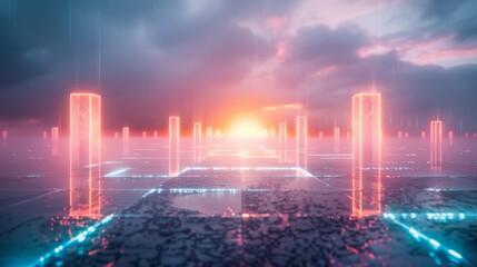 Naklejka premium Abstract Digital Landscape with Neon Pillars