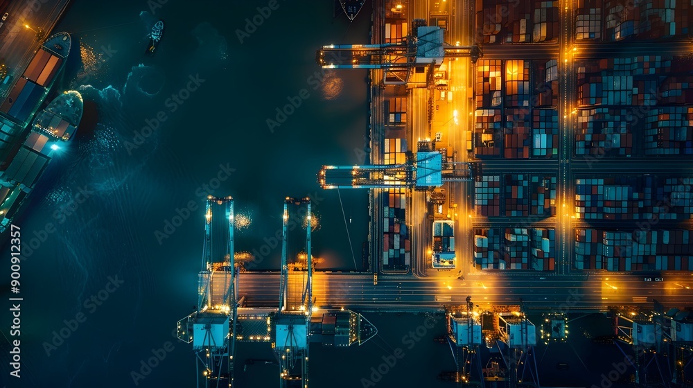 Aufkleber illuminated port at night with containers and cranes