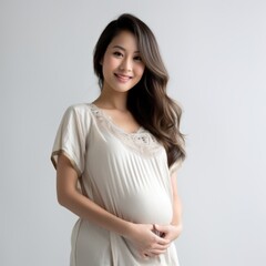 A woman is wearing a white shirt and holding her stomach